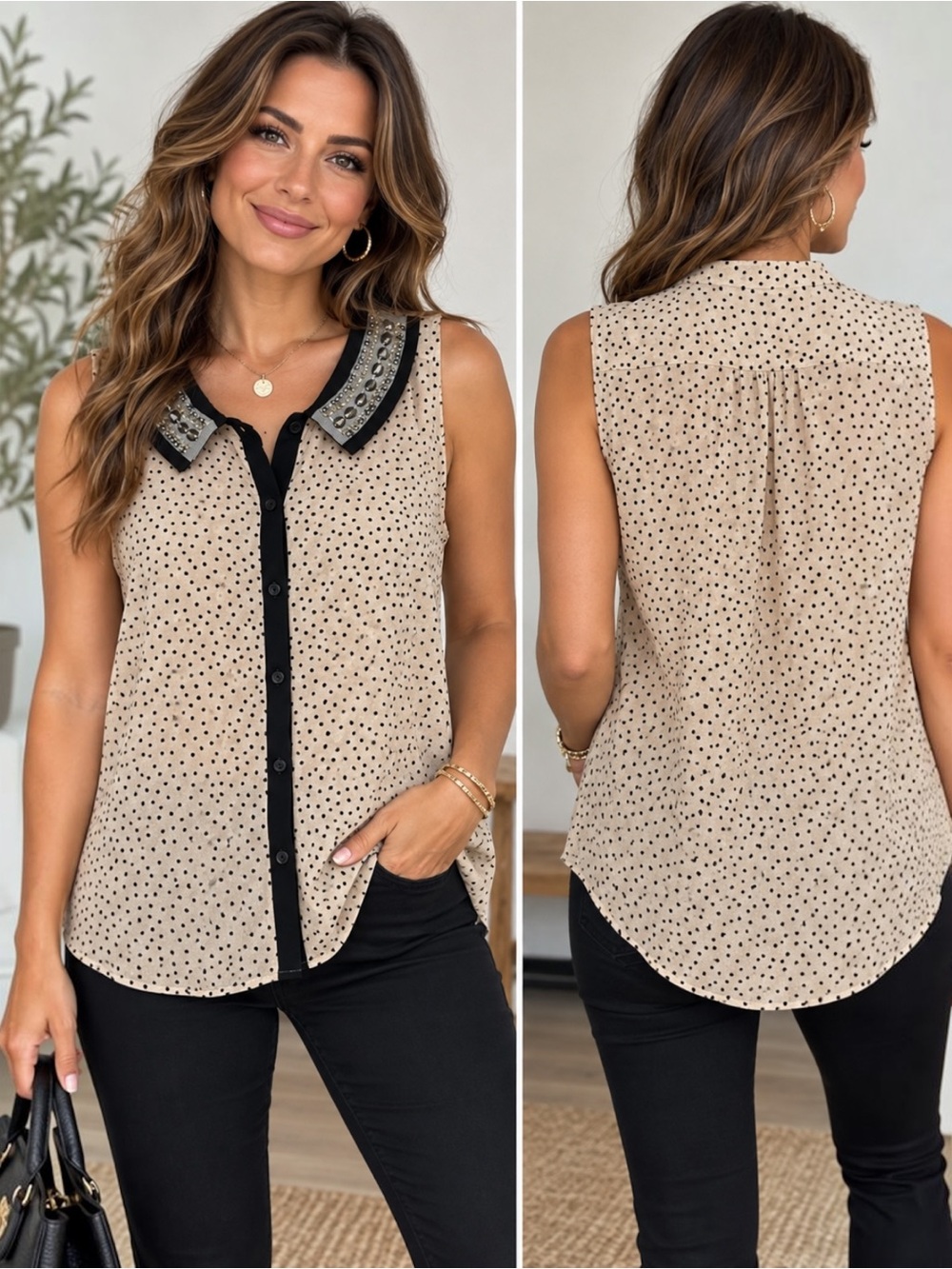 Metaphor Women’s M Cream Black Polka Dot Jeweled Collar Sleeveless Blouse
